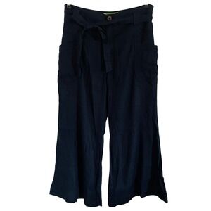 Anthropologie Linen Wide Leg Baggy Ankle Belted Pants Pockets 31/12 Petite Navy